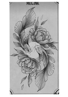 a black and white drawing of a fish with peonies on it's back