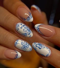 #nails  #nailsofinstagram Blue And White Nails, China Nails, Blue October, Cute Simple Nails, October Nails, Summery Nails, Almond Acrylic Nails, Short Acrylic Nails Designs, Short Acrylic Nails