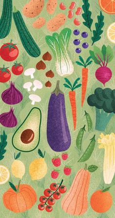 an illustration of vegetables and fruits on a green background