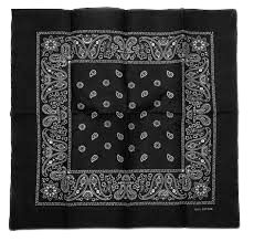 a black bandanna with white paisley on it