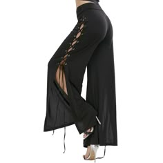 Side Slit Lace Up Palazzo Pants - Black - 3024361413 - Original Design-Women's Clothing  #OriginalDesignWomensClothing #Original #DesignWomen's #Clothing Black Palazzo Pants, Solid Color Pants, Womens Clothes, Cheap Fashion, Palazzo Pants, Upcycle Clothes, Belly Dance, Vintage Dress, Designer Outfits Woman