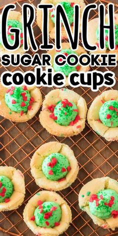 cookies with green frosting and sprinkles on a cooling rack for baking