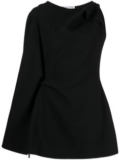 jet black asymmetric design round neck concealed side hook and zip fastening single twisted shoulder strap long draped cape sleeve fitted waistline straight hem thigh-length unlined Cape Dress Short, Cape Designs, One Sleeve Dress, Draped Sleeves, Where To Buy Clothes, Cape Sleeves, Fame Dr, Cape Dress, Athleisure Outfits