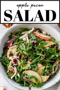 apple pecan salad in a white bowl with text overlay