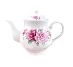 a white tea pot with pink roses painted on it