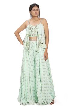 Shop for Vana Ethnics Green Viscose Kadakara Print Corset And Palazzo Set for Women Online at Aza Fashions Green Fitted Designer Pant Set, Green Floor-length Sets For Spring, Green Floor-length Spring Sets, Kurta Pants For Women, Kurta Pants, Palazzo Set, Peplum Jacket, Sanya, Satin Color