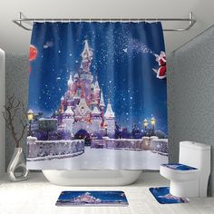 a bathroom with a christmas themed shower curtain