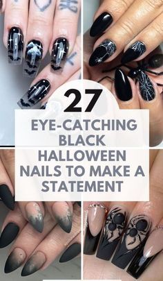 Bold Halloween Nails, Black Halloween Gel Nails, Goth Simple Nails, Negative Space Halloween Nails, Dark Halloween Nails Short, Cute Black Halloween Nails, Black Nails Halloween Art Designs, Halloween Nails Powder Dip, Black Nail Halloween Designs