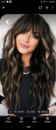 Dark Hair With Chunky Money Piece, Dark Brown Hair With Bangs And Highlights, Brown Hair With Front Money Piece, Long Brunette Hairstyles With Bangs, Peekaboo Brunette Hair, Edgy Brunette Hair Color, Brunette Highlights With Bangs, Best Haircut For Thick Wavy Hair Medium, Dark Colored Hair Ideas