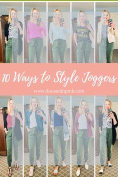 10 ways to style joggers How To Wear Olive Green Joggers, What To Wear With Joggers, Denim Joggers Outfit, Green Joggers Outfit, Jogger Outfit Casual, Womens Joggers Outfit, Olive Jogger Pants, Joggers Outfit Women, Womens Joggers