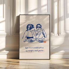 a poster with two women sitting next to each other on the floor in front of a wall