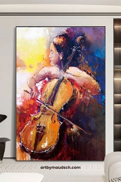 a painting of a woman playing the cello