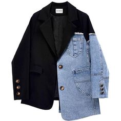 Long sleeve half-denim blazer in black. Notched lapel collar. Button closure at front. Welt pockets on front. Buttoned tab at cuffs. Single vent at back hem. Fully lined. Tonal hardware. Cotton blend. Denim Patchwork Jacket, Party Mode, Patchwork Jacket, Denim Blazer, Denim Patchwork, Cordial, 가을 패션, Blazer Fashion, Mode Inspiration