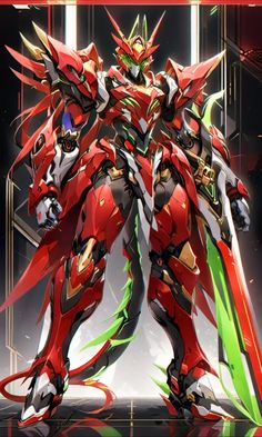 an anime character with red and green armor