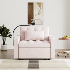 a living room with a couch, coffee table and potted plant on the floor