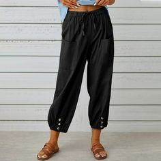 You can count on Idoravans elastic waistband pants to take care of casual and exercise days. The soft fabric feels smooth against your skin and it is made with a relaxed fit for optimal comfort, with elastic waistband and relaxed fit at the booty area fitting more kinds of bodyline easily.Unique detail designed for this trousers make you so special & stands out in the crowd.They are perfect for the gym, yoga, pilates, running, quick jog or just relaxing at home.A full-length silhouette makes these womens sweatpants a comfortable year-round option. To give you a better wear experience, these pants for women have various sizes for you to choose, fit for most women and girls.Please Refer to Our Size Chart for Specific Measurements to Achieve the Perfect Fit. Size: L.  Color: Black.  Gender: f Cropped Linen Trousers, Summer Trousers, Cotton Linen Pants, Blue Army, Linen Crops, Jeans Cargo, Linen Style, Pantalon Large, Loose Pants