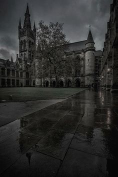 a black and white photo of an old building with rain falling on the ground in front of it