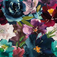 Floral Watercolour Wallpaper Jewel Tone Color Palette, Teal Burgundy, Teal Bedroom, Cosy Bedroom, Teal Walls, Jewel Tone Colors, Blossom Print, Burgundy Flowers, Floral Color