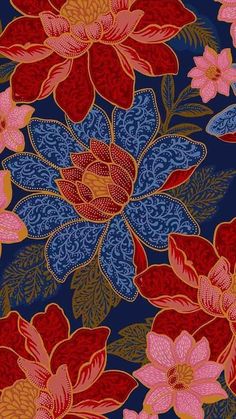 a blue background with red and pink flowers