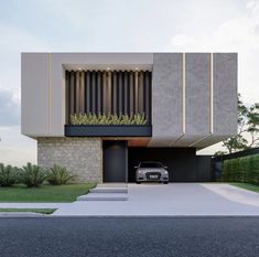 a car is parked in front of a modern house