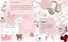 a collage of pink and white items with hearts, flowers, teddy bear, tiara