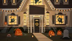 a house decorated for halloween with pumpkins and jack - o'- lanterns