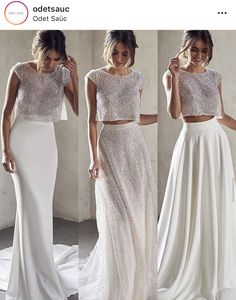 two piece white prom dress with crop top and high slit skirt, in different styles