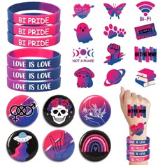 a bunch of wristbands that have different designs on them, including one with the words love is love