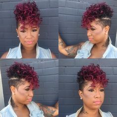 5,178 Likes, 82 Comments - ProtectiveStyles (@protectivestyles) on Instagram: “❤️ Edgy Mohawk with Red ombré by @Thehairicon” Weave Hairstyles With Shaved Sides, Hairstyles With Shaved Sides, Short Hair Mohawk, Curly Mohawk Hairstyles, Shaved Side Hairstyles, Shaved Hair Designs