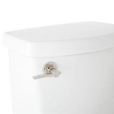 a white toilet with the lid up and a metal handle on it's side