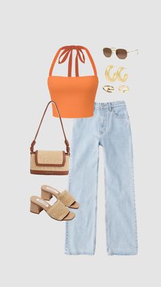 Date night outfit with a splash of orange, summer outfit ideas, date night outfit ideas, dinner outfit ideas, summer ootn, orange outfit ideas, orange outfit aesthetic , straw heels, straw bag, shoulder bag, gold jewelry, gold hoops, gold rings, heels and jeans outfit, dress out inspi  orangeoutfitinspo #orangeoutfit #ootd #outfitinspo #summeroutfitinspo #summerorange #haltertop #orange #cutefits #ootn #outfitaesthetic #goldjewelry #goldhoops #abercrombiejeans #cider Orange Bag Outfit Casual, Orange Top Outfit Aesthetic, Orange Top Outfit Summer, Orange Outfit Ideas Summer, Orange Purse Outfit Summer, Orange Top Outfit Ideas, Chic Orange Summer Bag, Straw Heels, Orange Purse Outfit