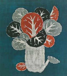 a painting of flowers in a white vase on a blue background with red and gray leaves