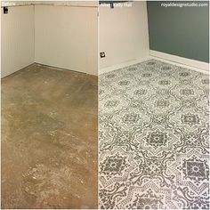 before and after photos of a room with cement flooring