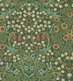 an intricately designed wallpaper with flowers and leaves in green, blue, yellow and red colors