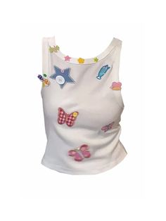 Color: White, Size: One Size White Y2k Tank Top, White Y2k Camisole Tank Top, Coquette 2000s, Coquette Tank Top, White Y2k Cotton Tank Top, Kawaii Embroidery, Y2k Cotton Tank Camisole, Kpop Y2k, Embroidered Tank Top