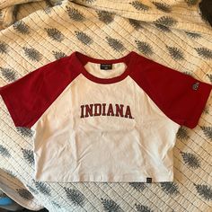 Brand New Worn Once Perfect Condition! Casual Cotton Crop Top For College, Casual Cotton Crop Top, Red Crew Neck Crop Top With Letter Print, Collegiate Red Summer Tops, Trendy Red T-shirt For College, Red Varsity Streetwear Top, Red Varsity Top For Streetwear, Red Letter Print Tops For College, Red Summer Game Day Tops