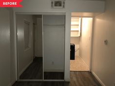 an empty room with white walls and wood flooring before and after the remodel