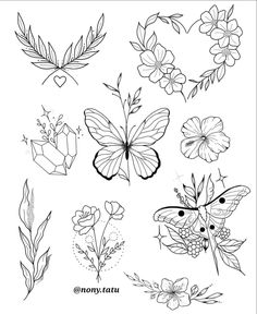 some flowers and butterflies are drawn in black ink on white paper, with the words