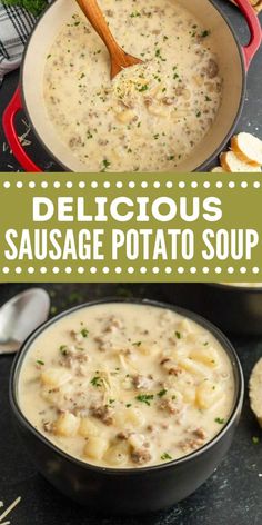 delicious sausage potato soup in a red pot with a wooden spoon and bread on the side