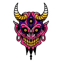 a colorful mask with horns and fangs on it