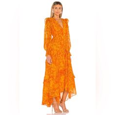 Lightly Worn, Perfect Wedding Guest Dress!Flowy With Orange Florals. Size 2 But Fits As A Size 4 Orange Maxi Dress For Spring Wedding, Spring Wedding Orange Maxi Dress, Orange Floral Print Dress For Wedding, Floral Gown Dress, Cutout Gown, Olivia Von Halle, Michael Costello, Olivia Culpo, Song Of Style