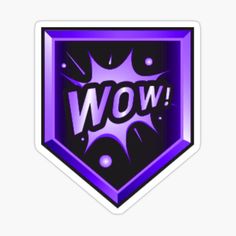 a purple sticker with the word wow on it