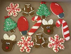 decorated christmas cookies in a box on a table