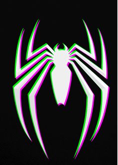 a spiderman logo on a black background with green and pink lines in the center