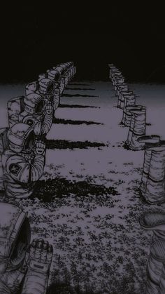 a drawing of several stacks of trash cans in the middle of a field at night