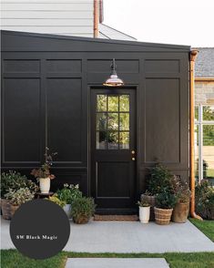 the front door to a house with potted plants