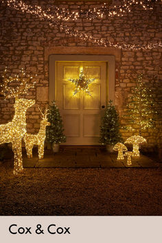 christmas lights decorate the front door of a house with deer and trees in front of it