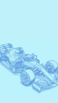 a drawing of a racing car on a light blue background with the front wheels facing forward