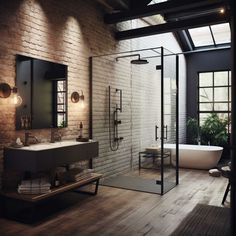 a bathroom with brick walls and wooden floors