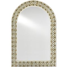 a white and gold mirror with an arch shaped design on the front, against a white background